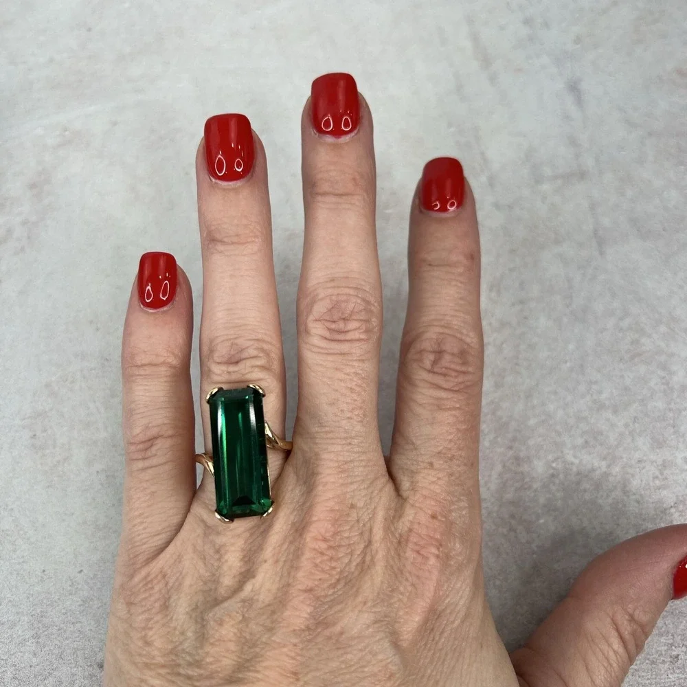13.5ct Emerald Cut Green Tourmaline Ring 14K Yellow Gold Large‎ Estate Cocktail